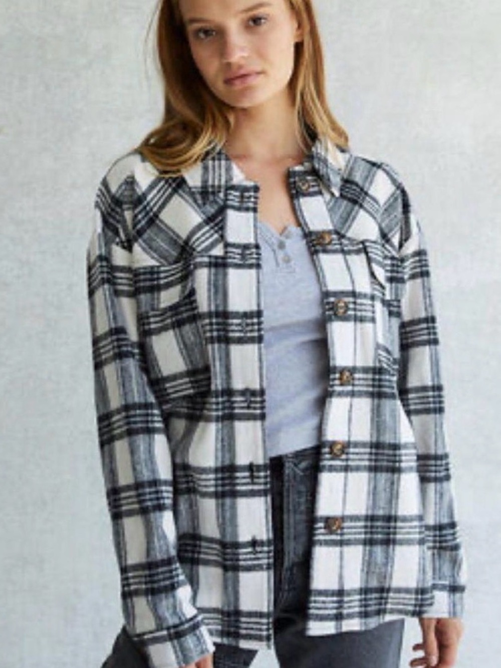 La Hearts White and Black Plaid Button-Down Shacket